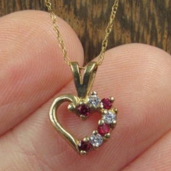 Jewelry - 18" 10K Gold Red Topaz & CZ Dainty Heart Necklace